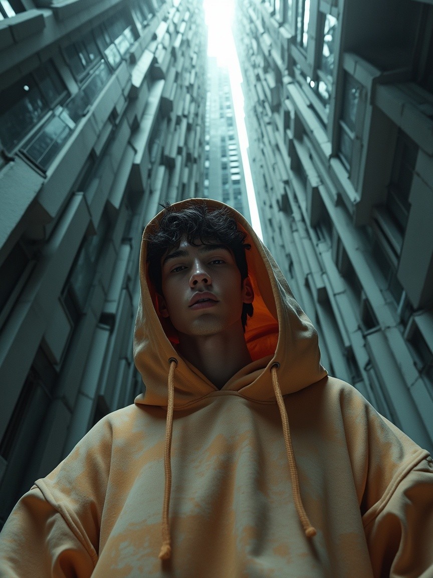 Young man in alleyway with modern buildings and hoodie