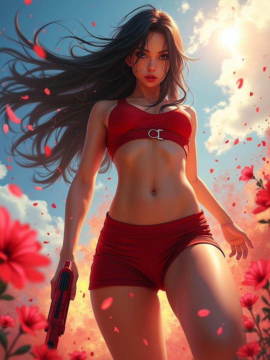 Young woman in sporty outfit amid vibrant flowers