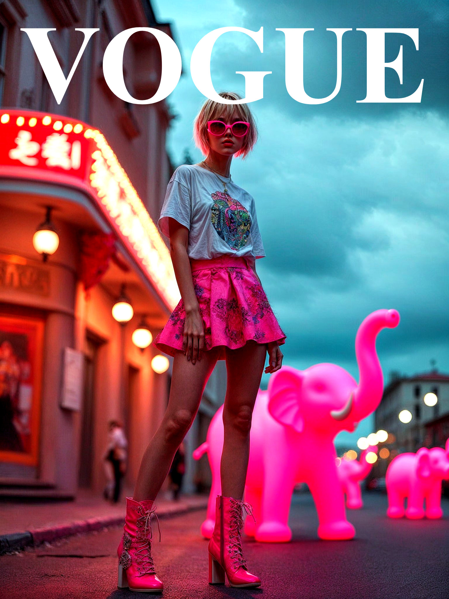 Model in Neon Street with Playful Outfit and Accessories