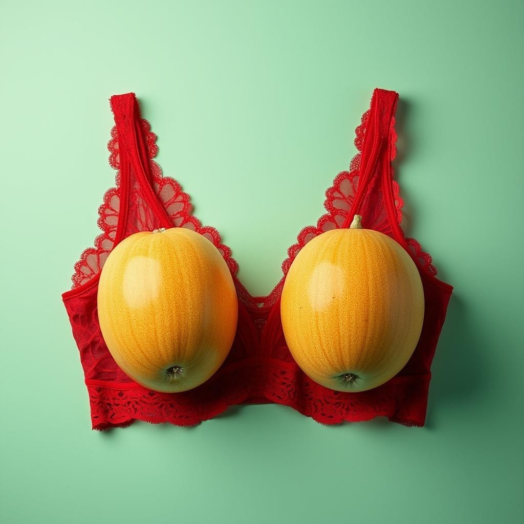 Whimsical Red Lace Bra with Yellow Melons on Green Background