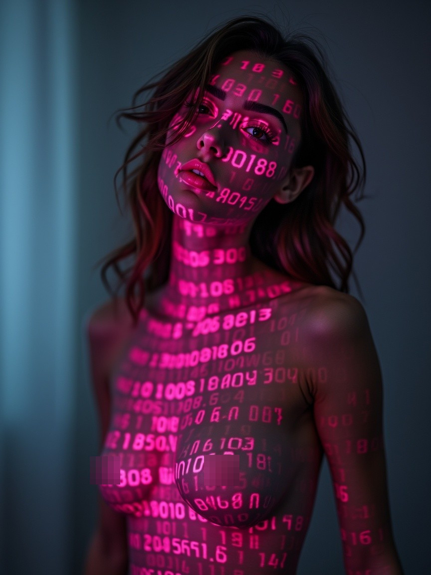 Portrait of a woman with illuminated skin and binary code