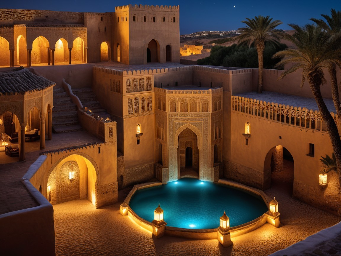 Serene Moroccan Courtyard with Illuminated Pool