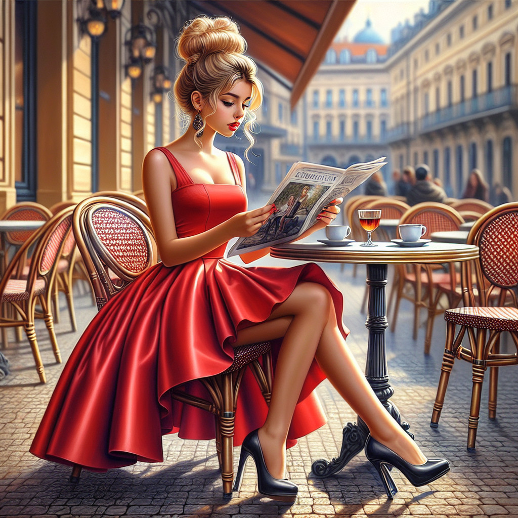 Stylish Woman in Red Dress at Café Table Outdoors