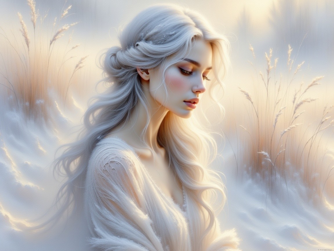 Serene portrait of a young woman in snowy landscape