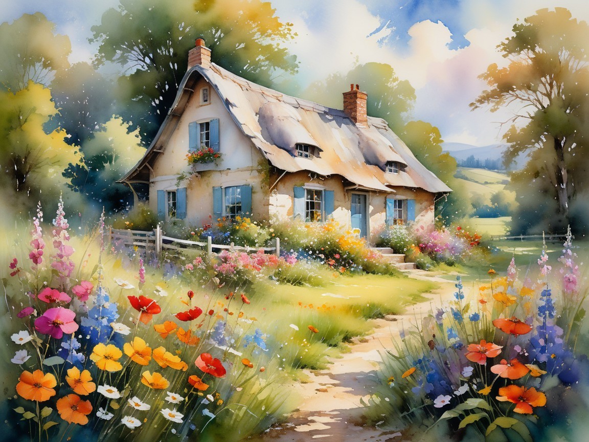 Charming thatched cottage surrounded by wildflowers