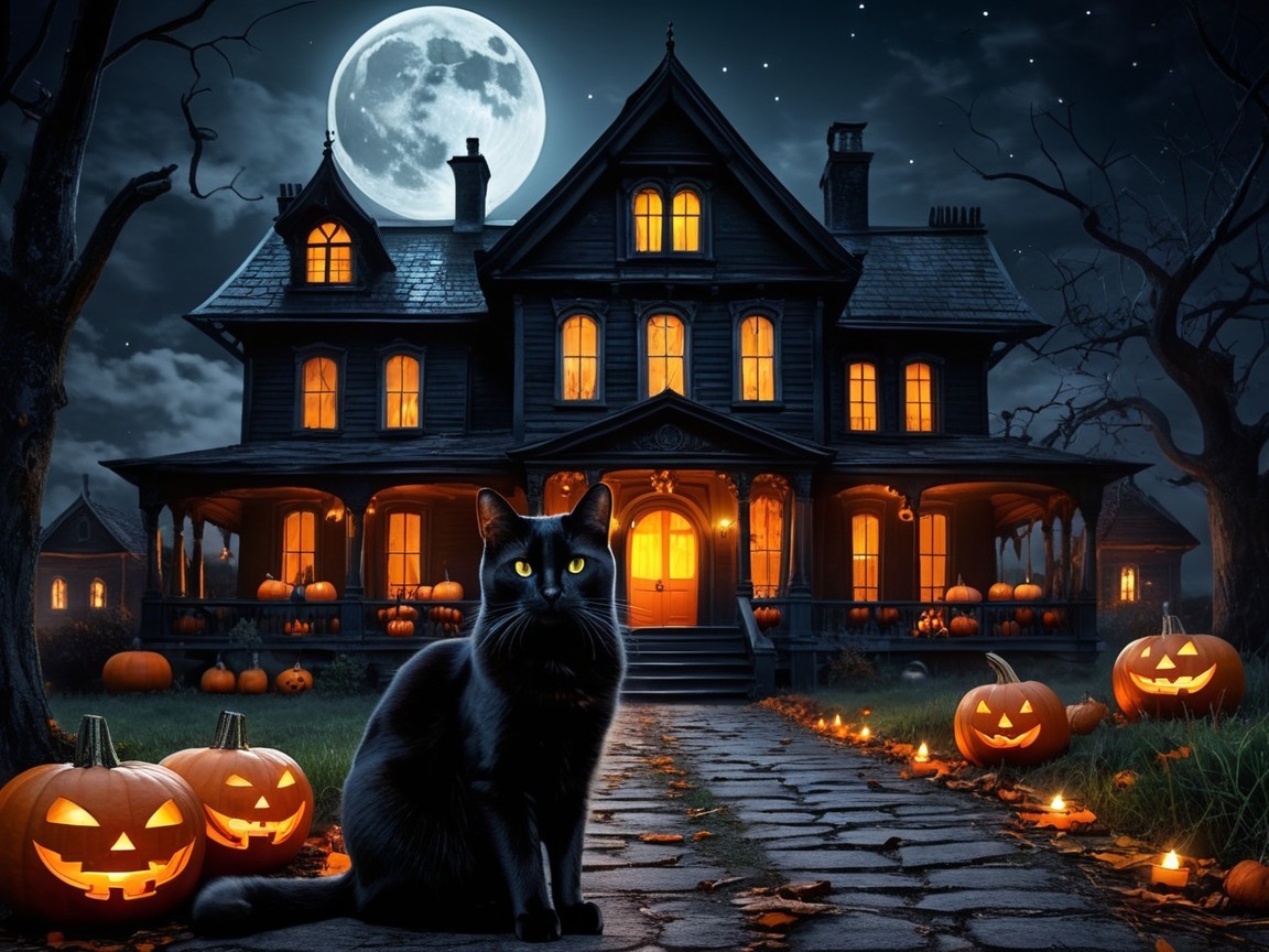 Eerie Mansion with Jack-o'-Lanterns and Black Cat