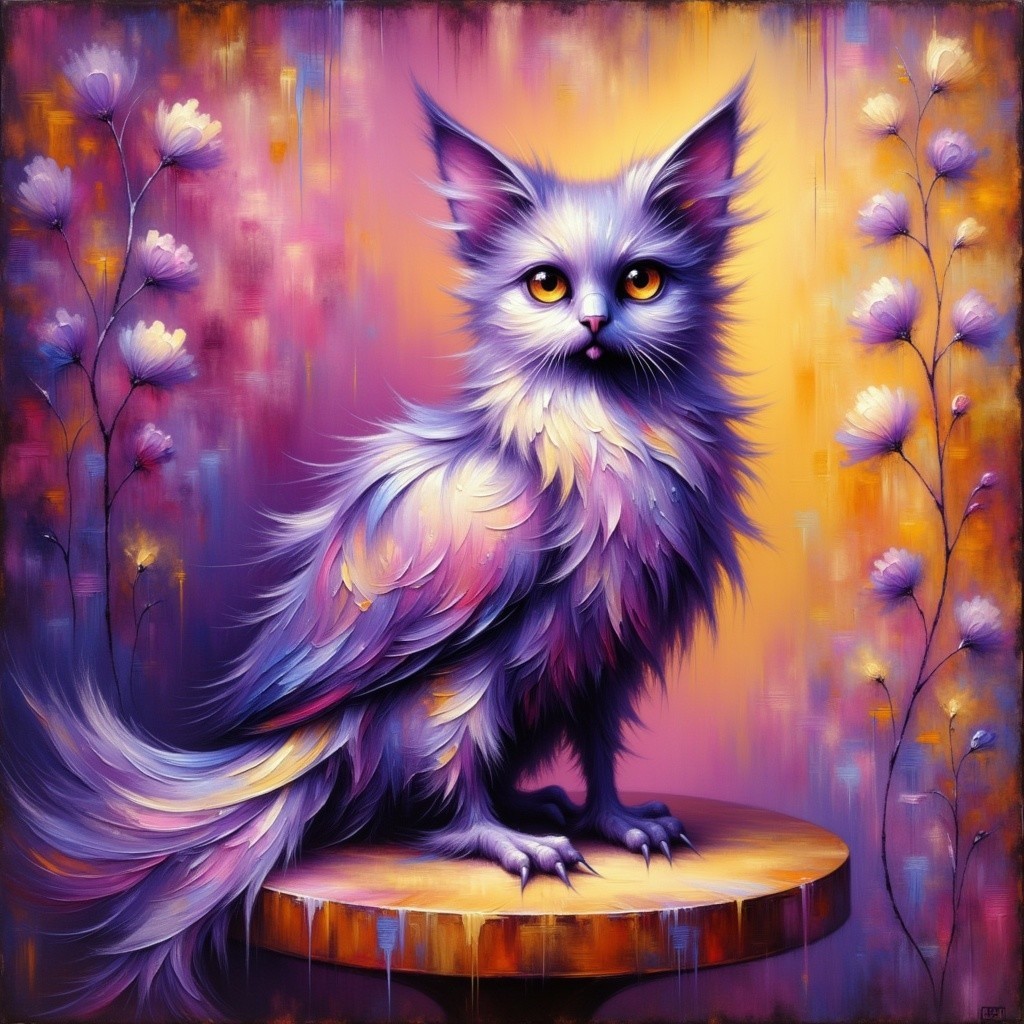 Colorful Feathered Cat-like Creature in Dreamy Setting