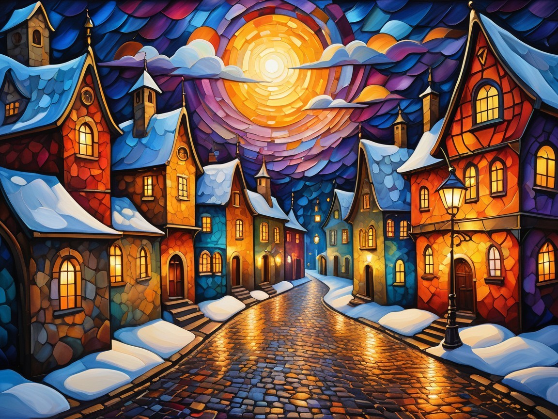 Whimsical Winter Village Scene at Dusk