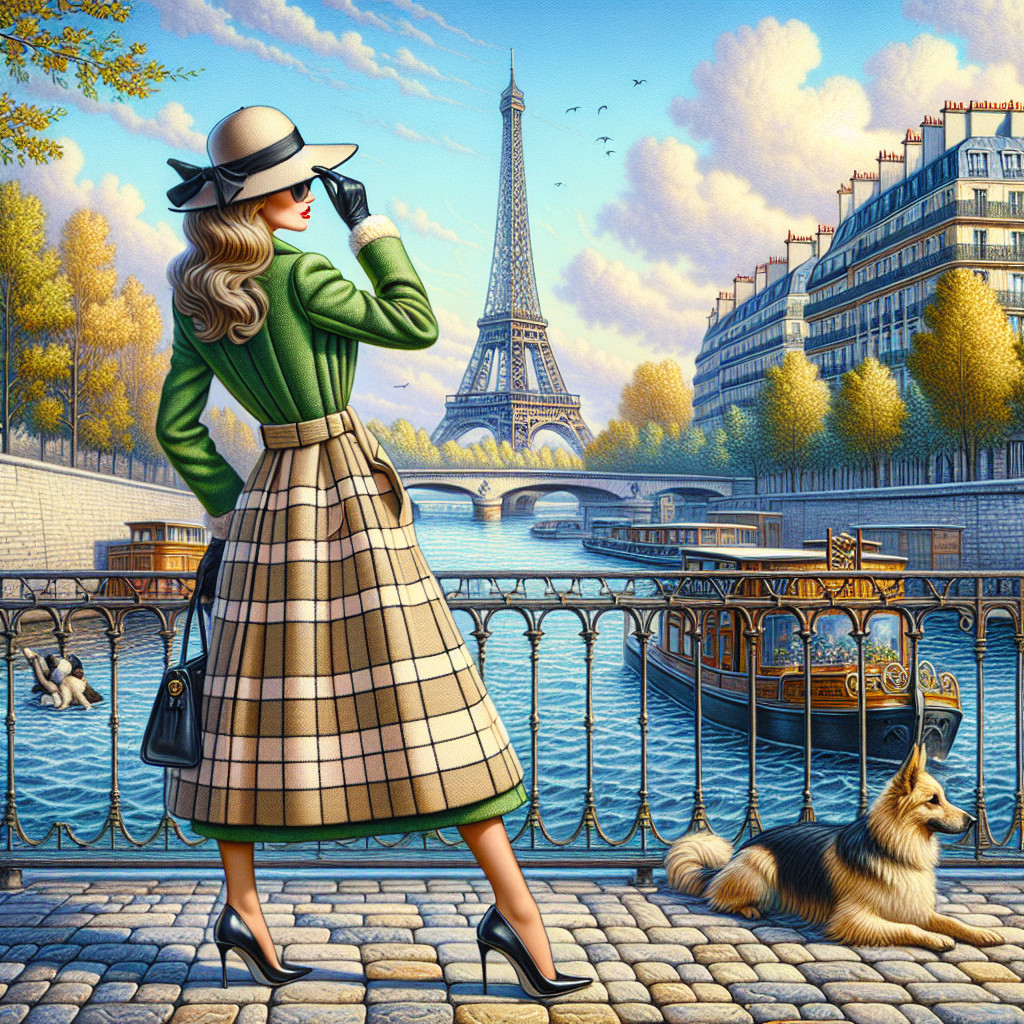 Stylish Woman by Seine River with Eiffel Tower View
