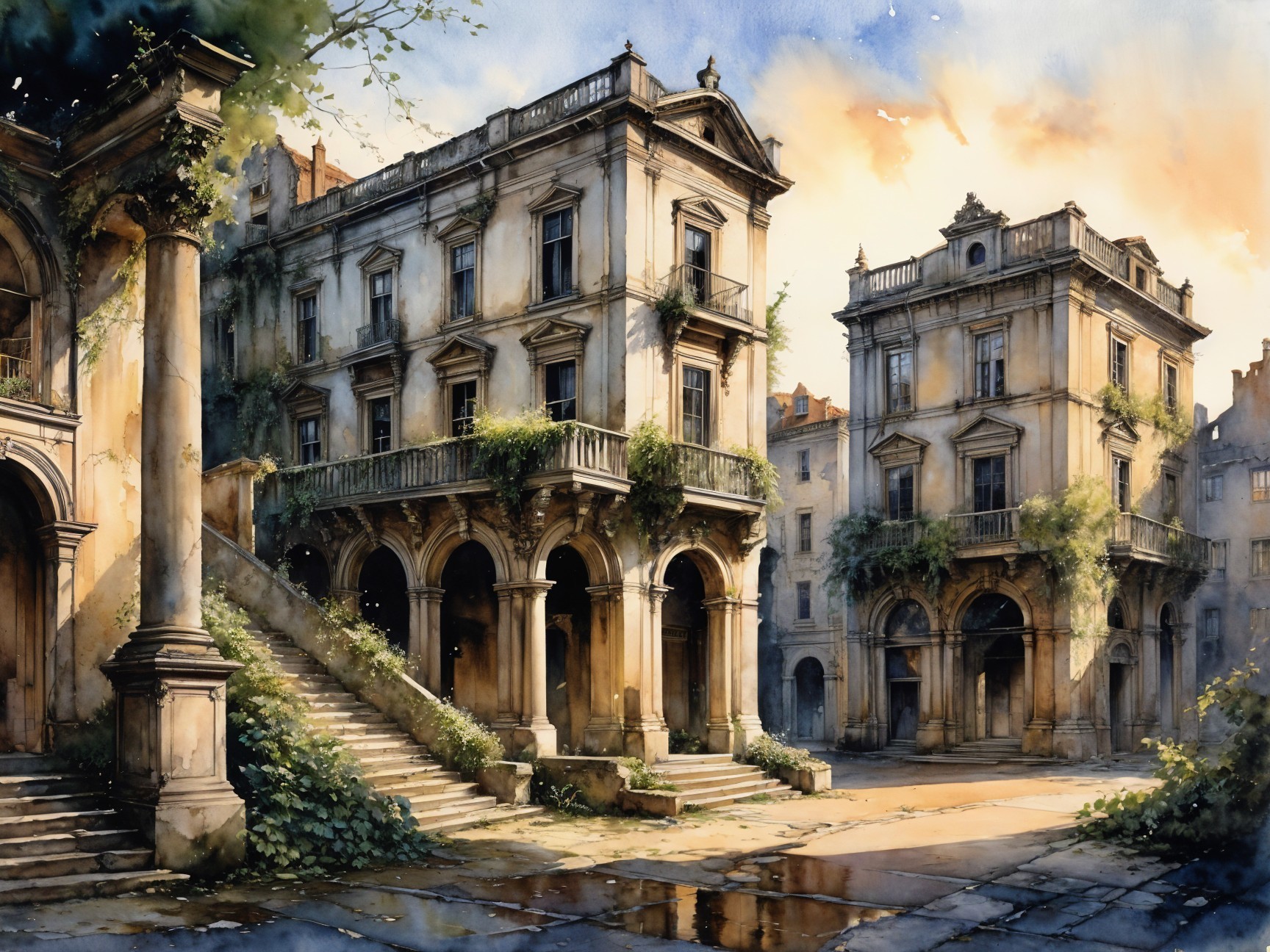 Elegant Old Courtyard with Grand Architecture and Greenery