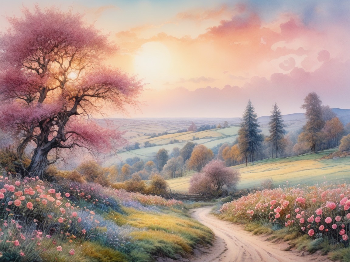 Serene Dawn Landscape with Winding Path and Flowers