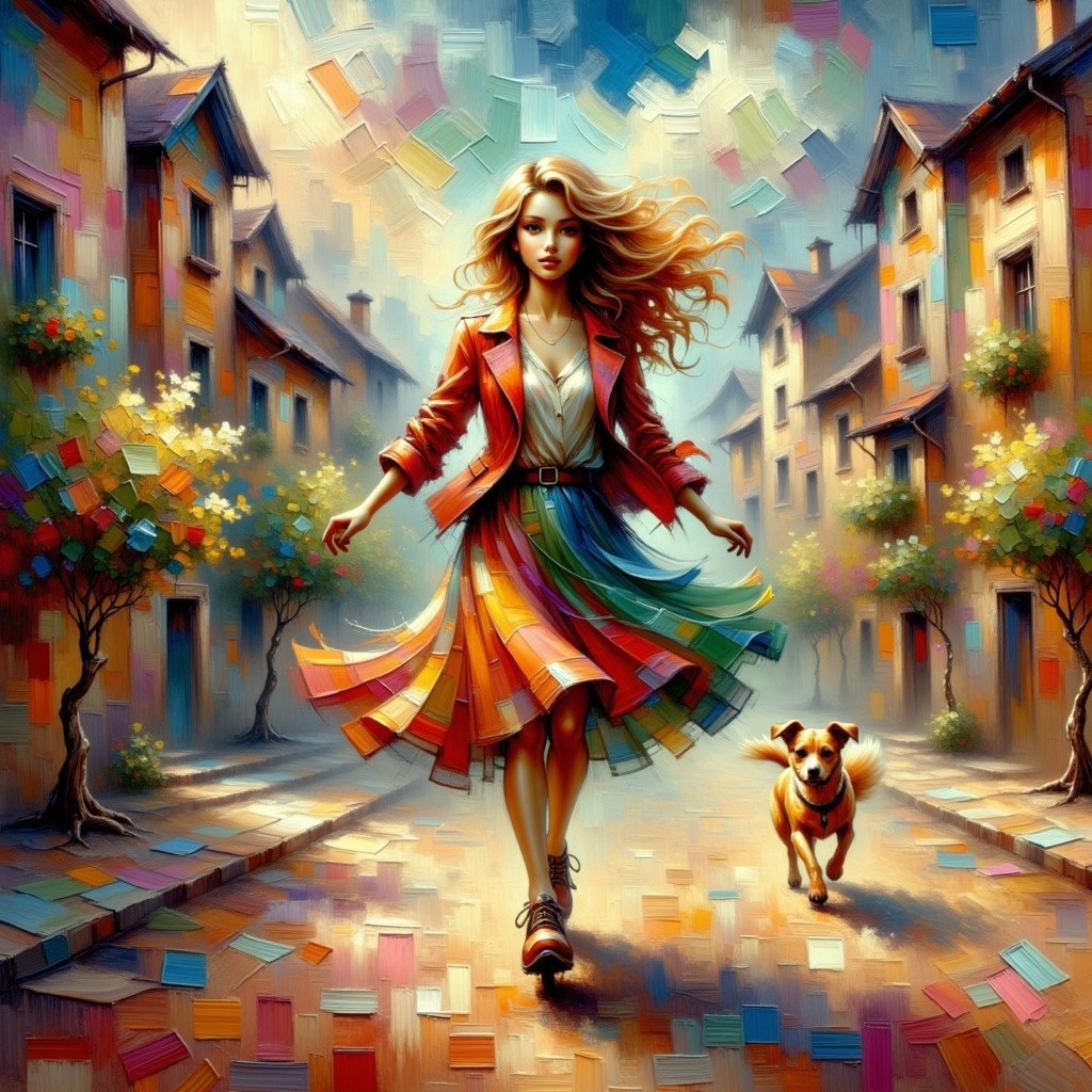 Young woman in multicolored skirt walking with dog