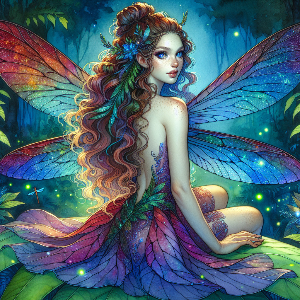Vibrant Fairy in Mystical Forest with Iridescent Wings