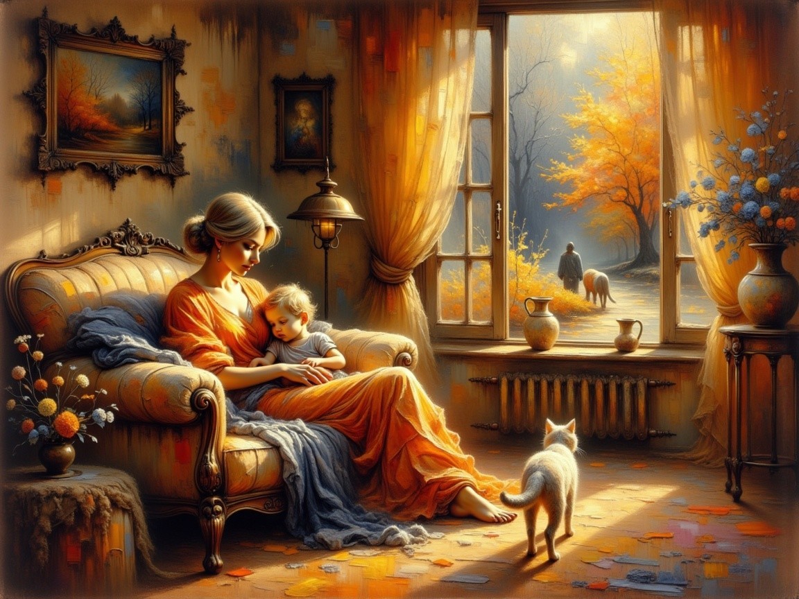 Tranquil Living Room with Mother and Child in Autumn