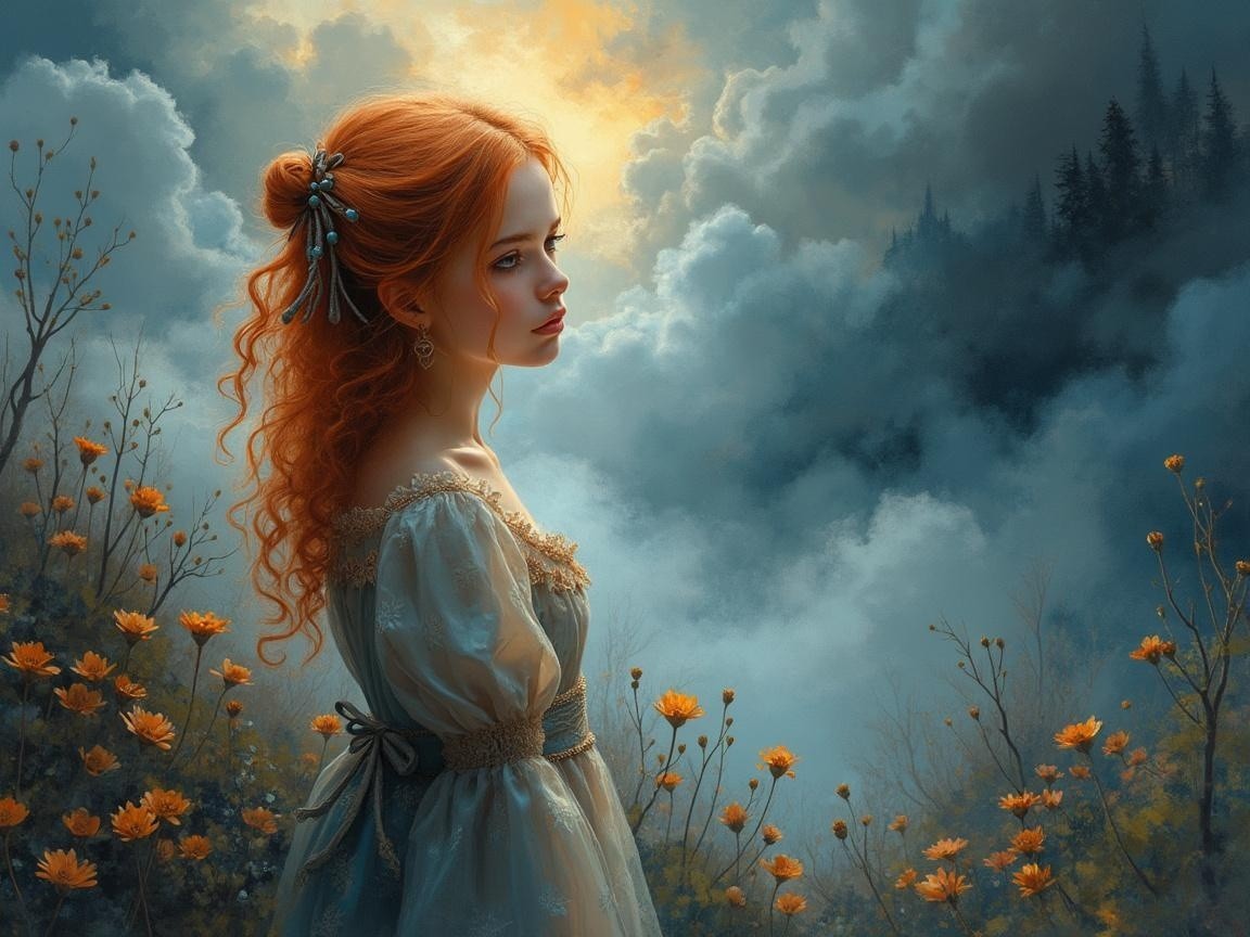 Young woman in pale gown amidst vibrant flowers and sky