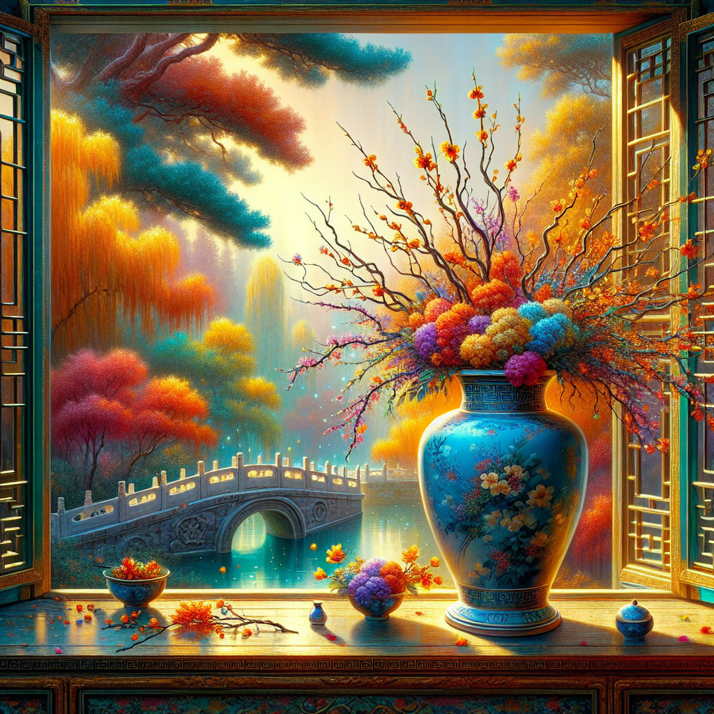 Vibrant Still Life with Flowers and Serene Landscape