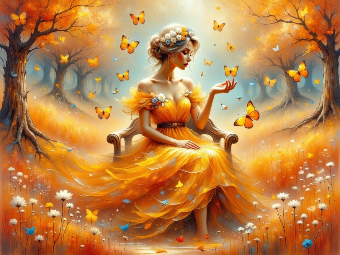 Autumn Landscape with Woman in Yellow Gown and Butterflies