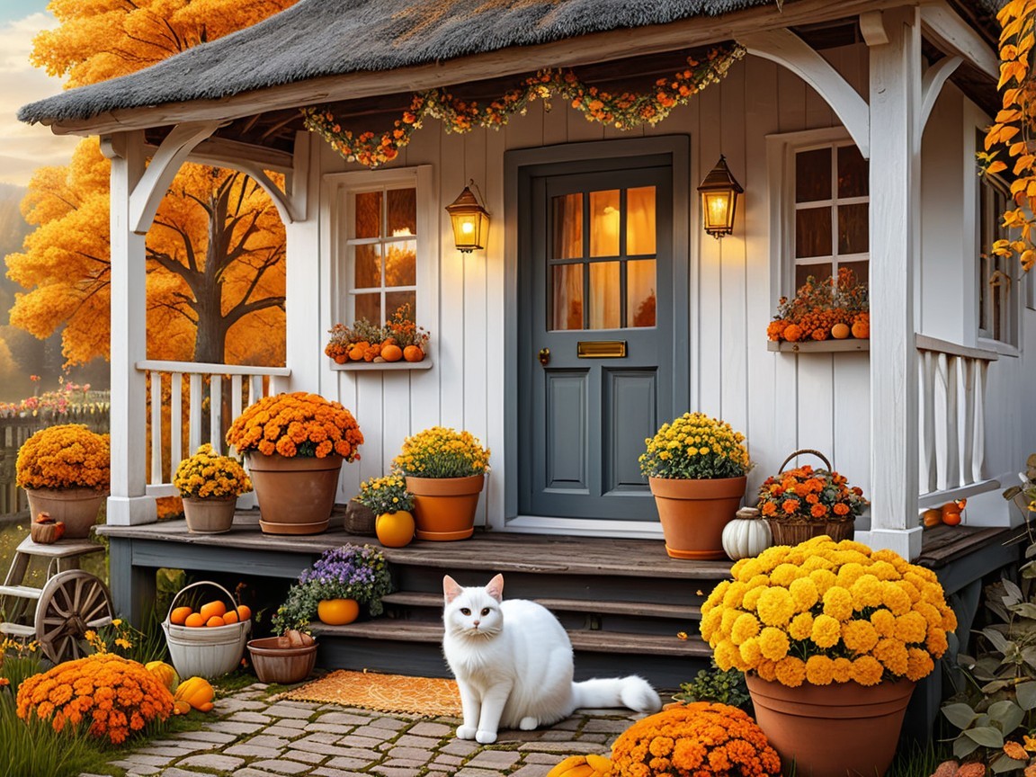 Charming Cottage with Autumn Decorations and Cat