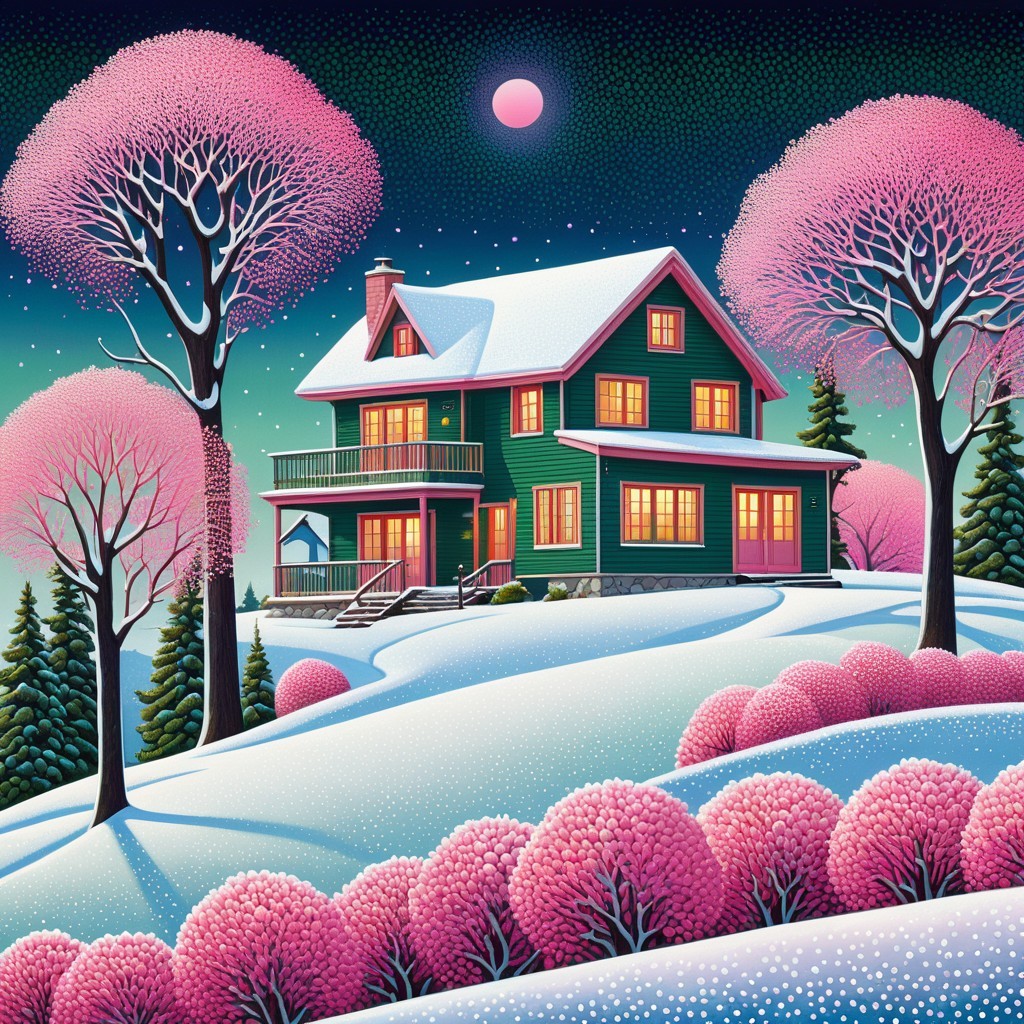 Colorful painting of a green house in a snowy landscape