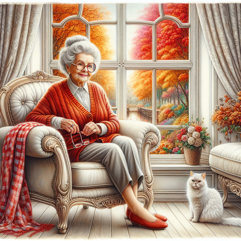 Elderly Woman in Cozy Armchair with Cat and Flowers