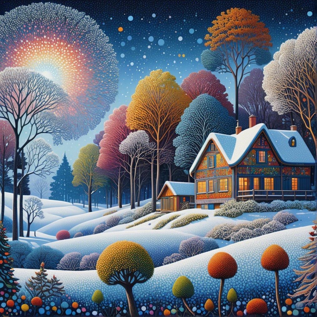 Cozy Cottage in a Snowy Landscape with Colorful Foliage