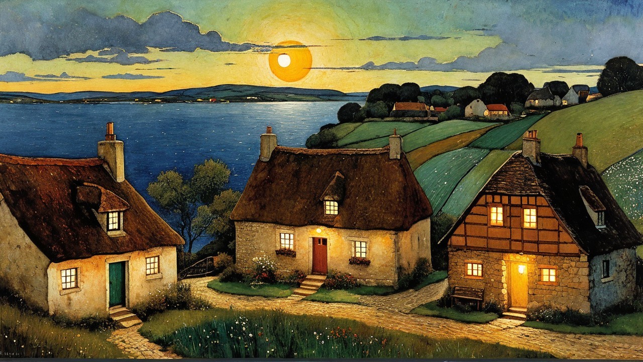 Twilight Coastal Village with Cottages and Sunset Sky