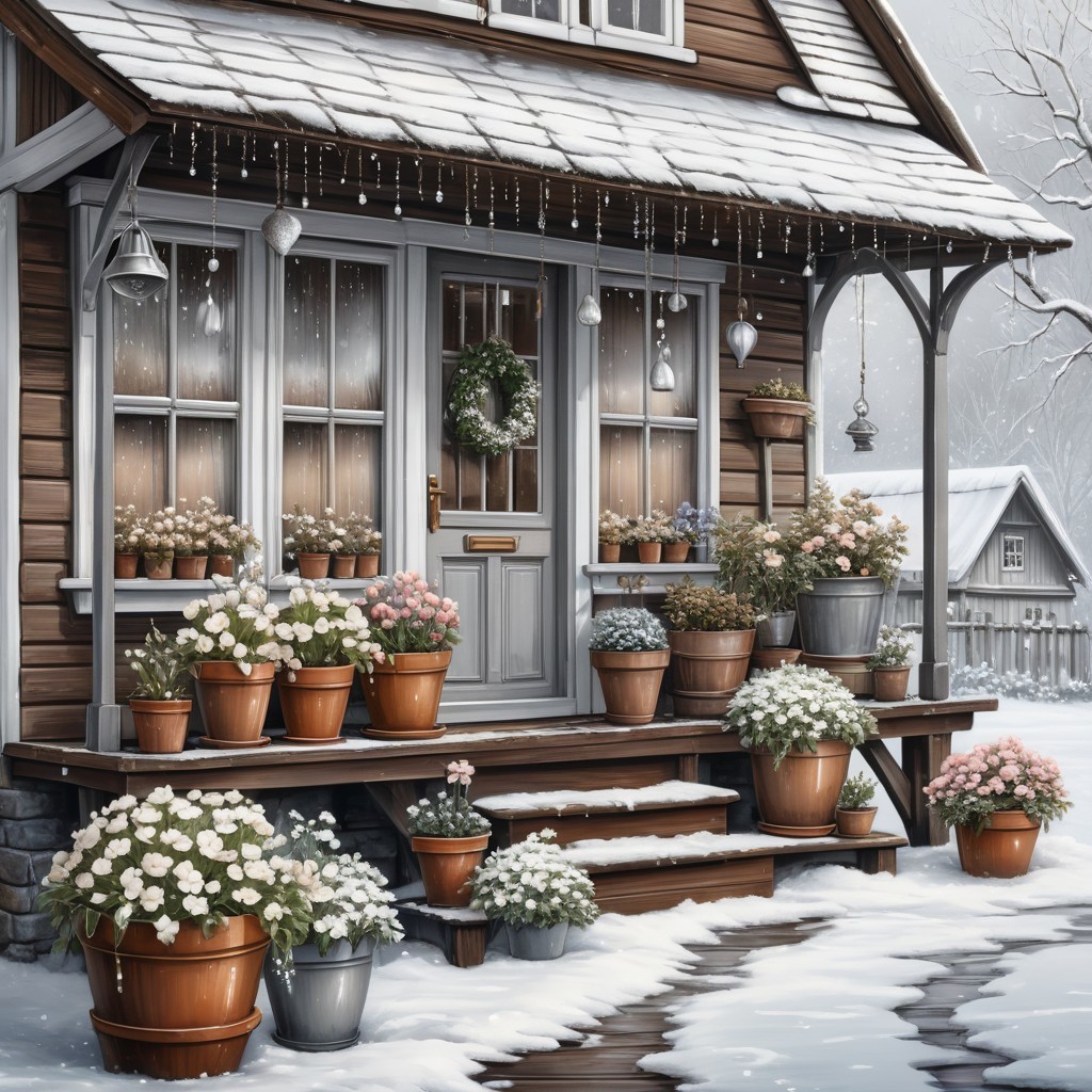 Wooden house with snowy facade and colorful flowers