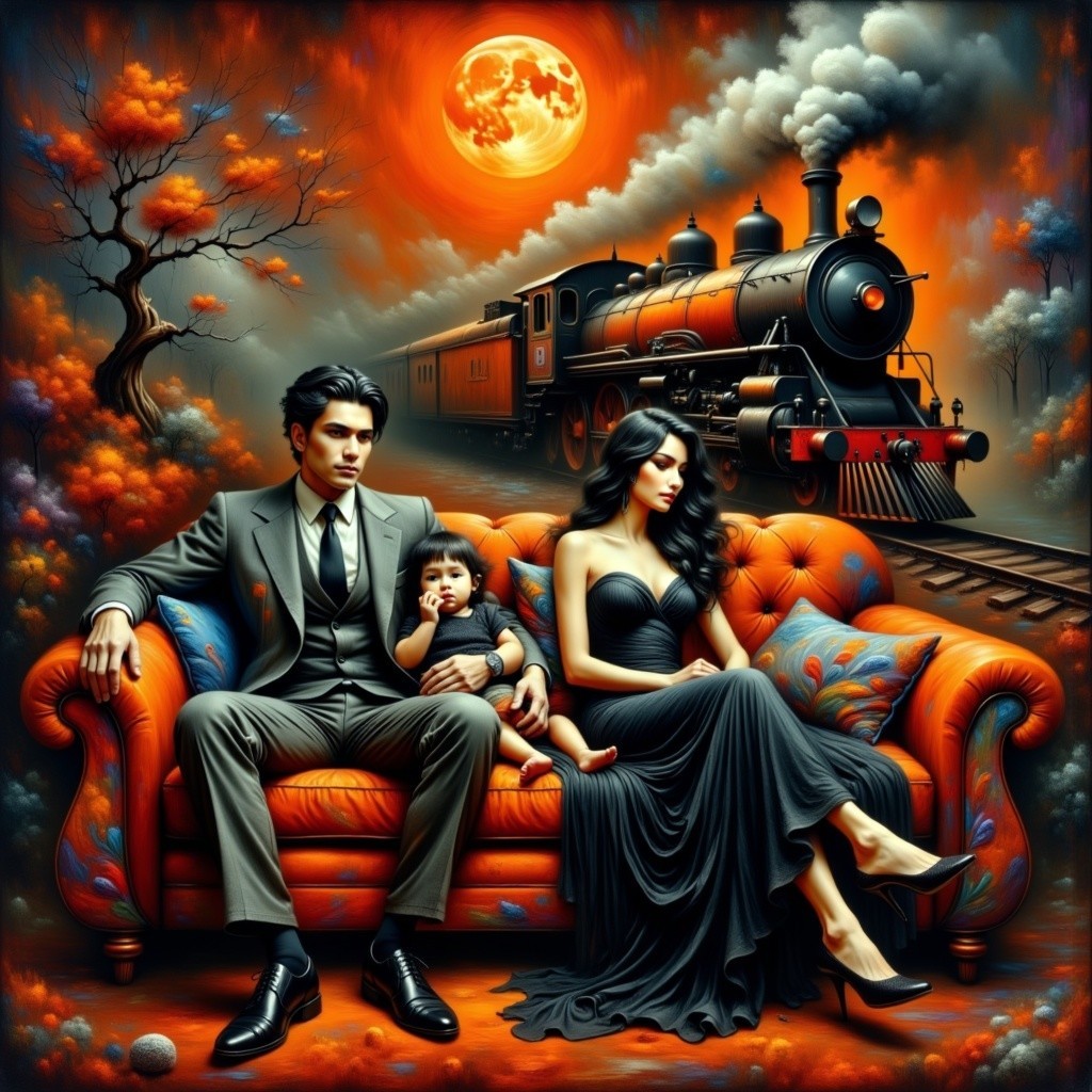 Elegant Couple on Orange Sofa with Steam Locomotive