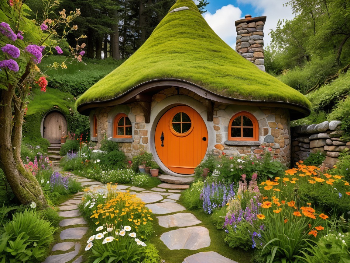 Charming Cottage with Moss Roof and Colorful Flowers