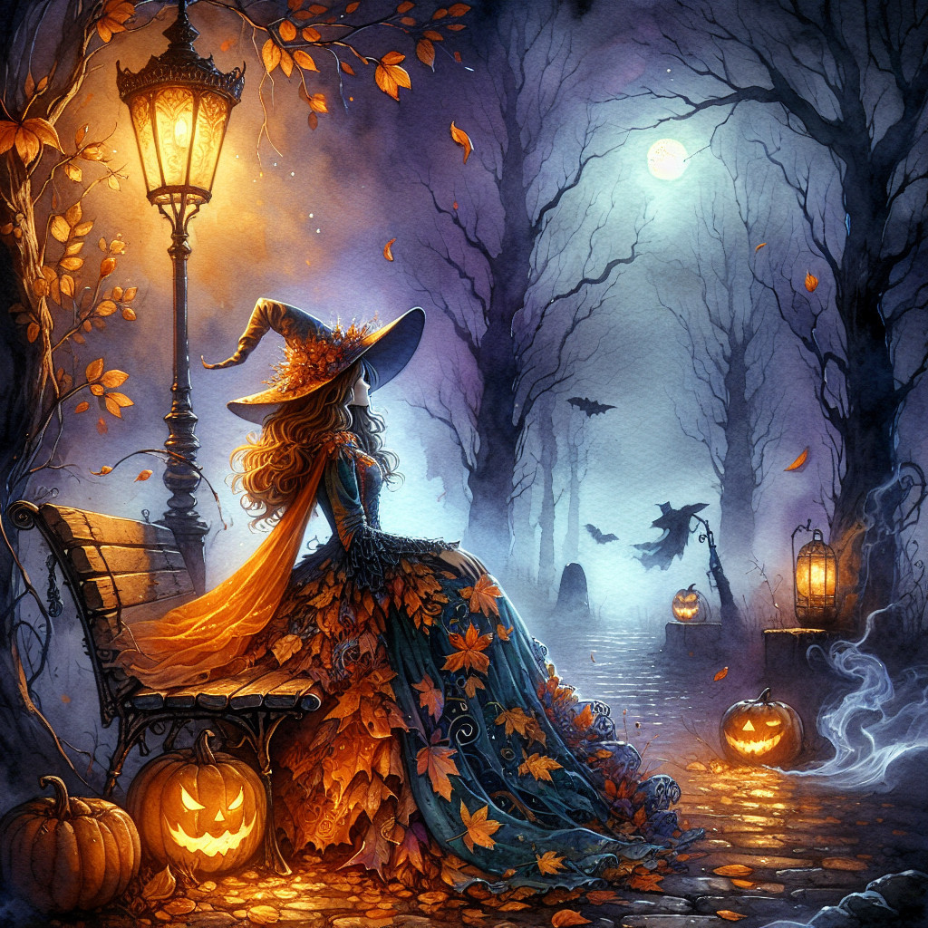 Mystical Autumn Scene with Woman and Enchanted Elements