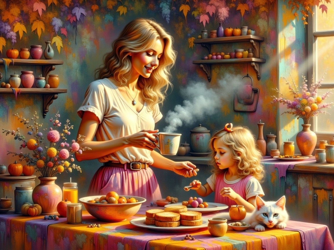 Warm Kitchen Scene with Mother and Daughter Sharing Treats