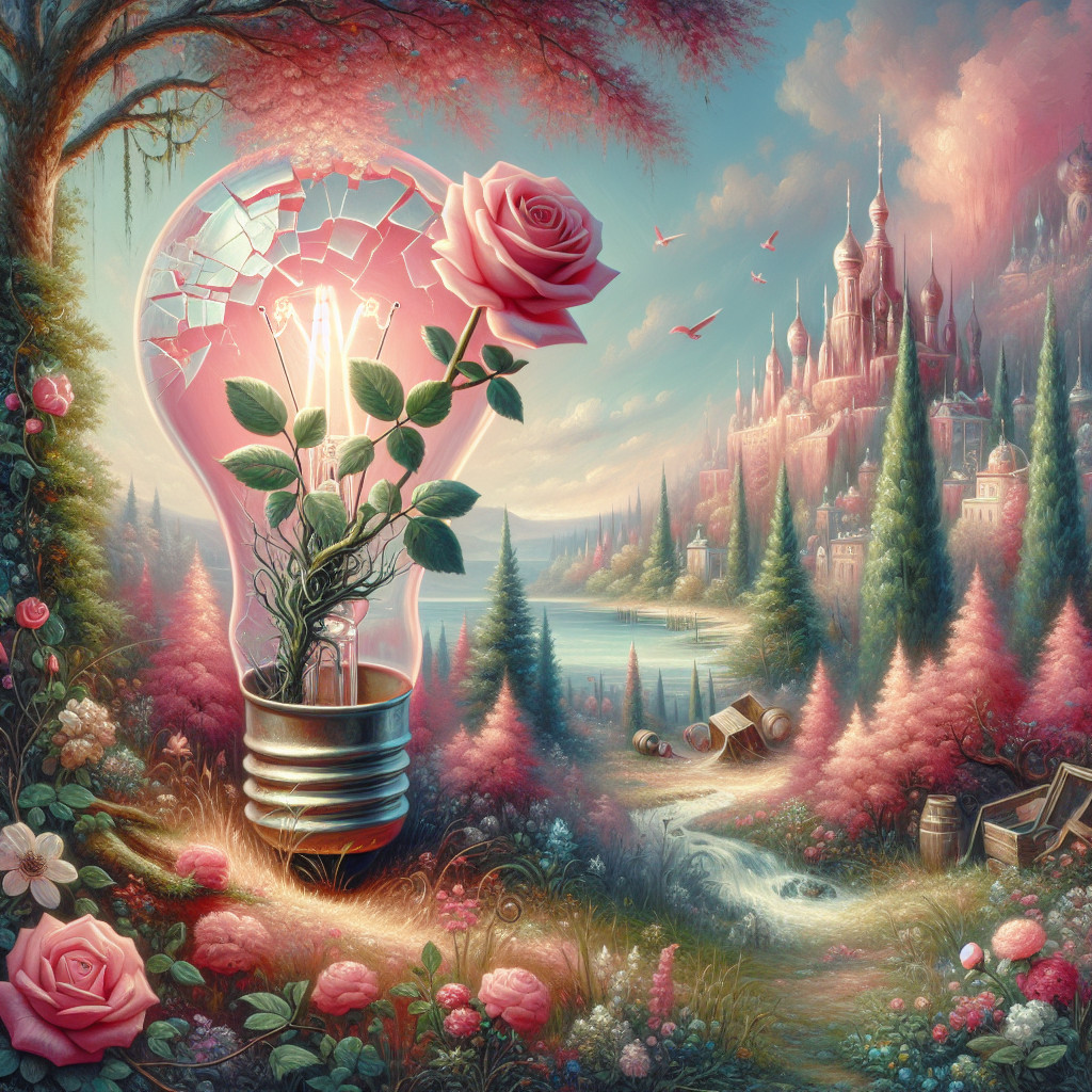 Dreamy Landscape with Light Bulb and Blooming Rose