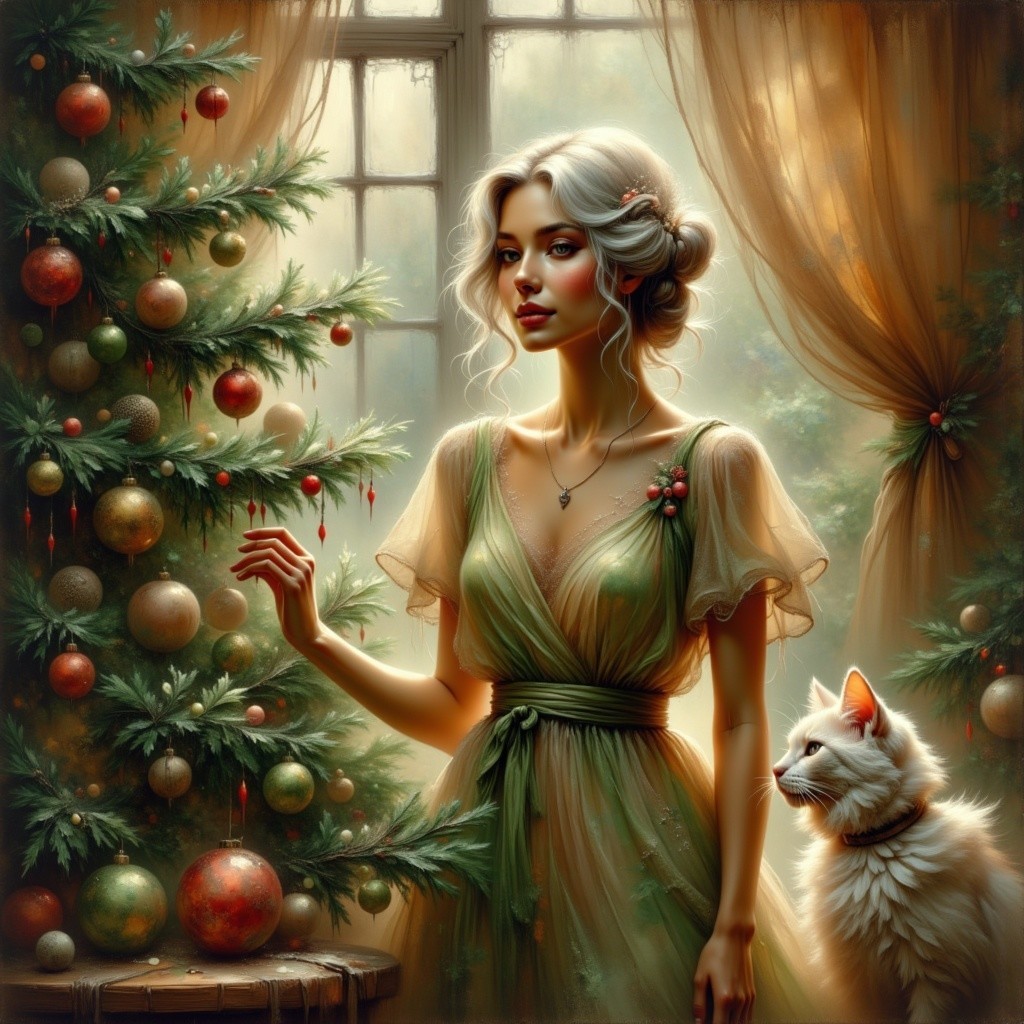 Elegant Woman by Christmas Tree with Fluffy Cat