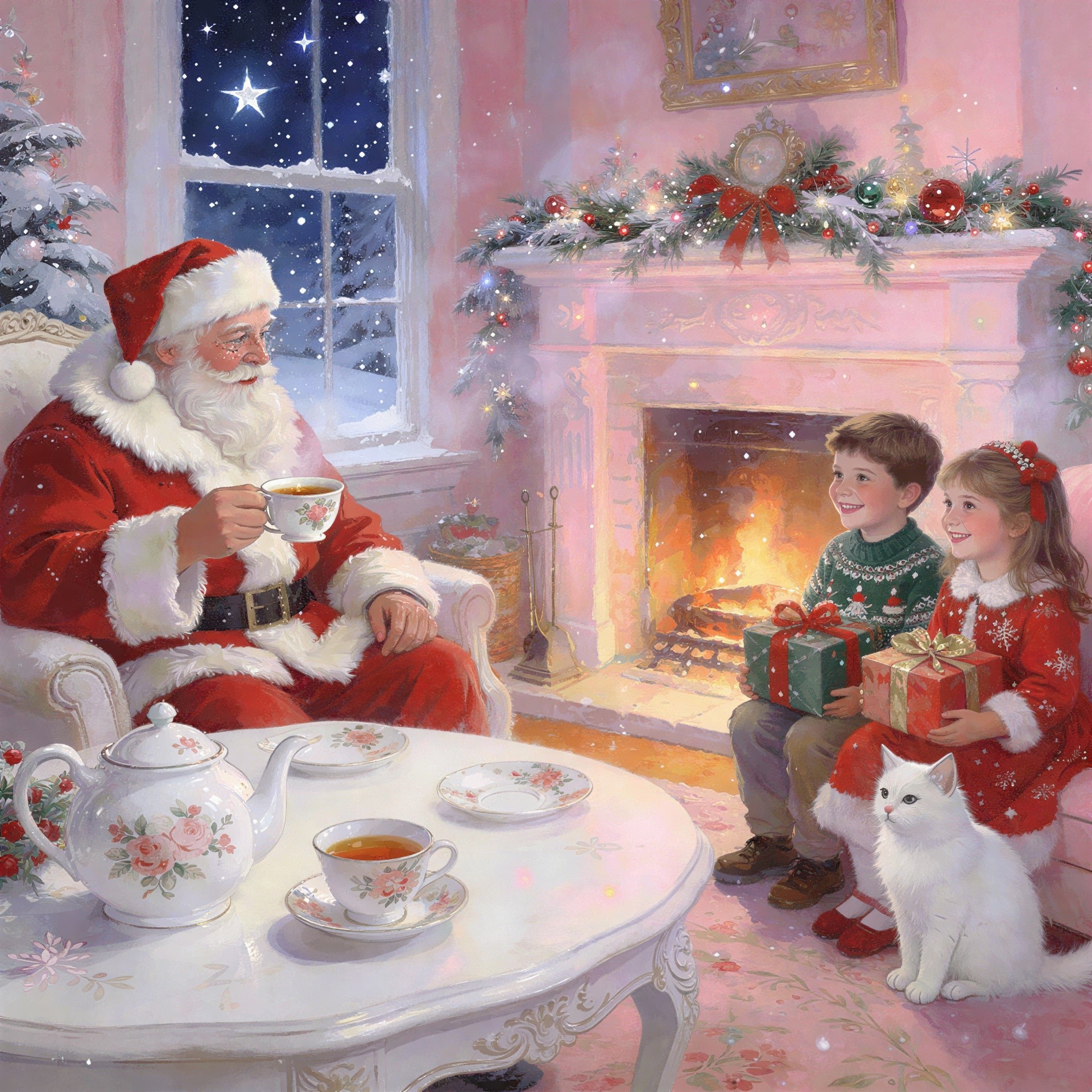 1950s Christmas Scene with Santa and Children in Living Room