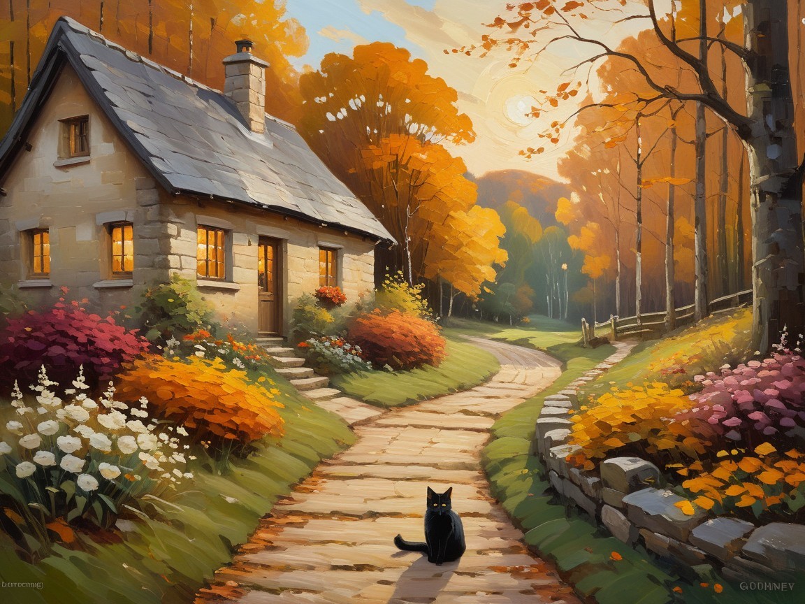 Cozy Stone Cottage Surrounded by Autumn Foliage