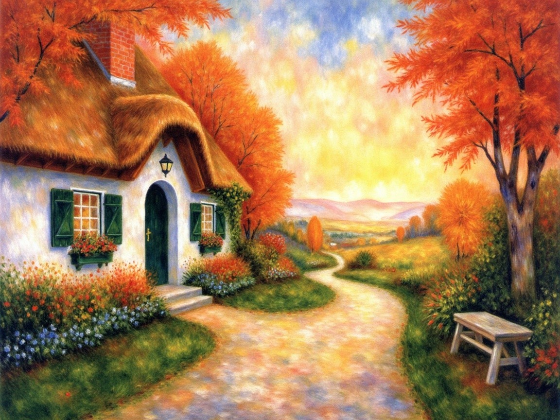 Thatched Cottage Surrounded by Autumn Foliage