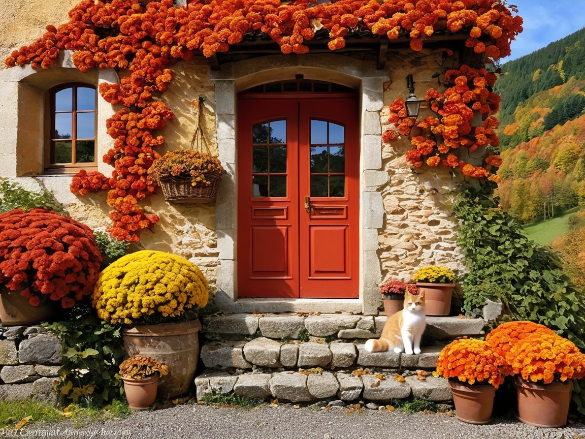 Charming Cottage Surrounded by Marigolds and a Cat