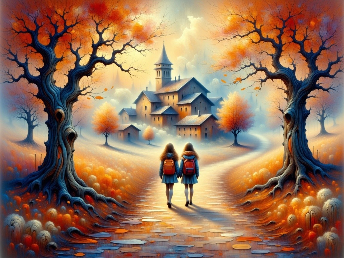 Girls Walking on a Winding Path in Autumn Landscape