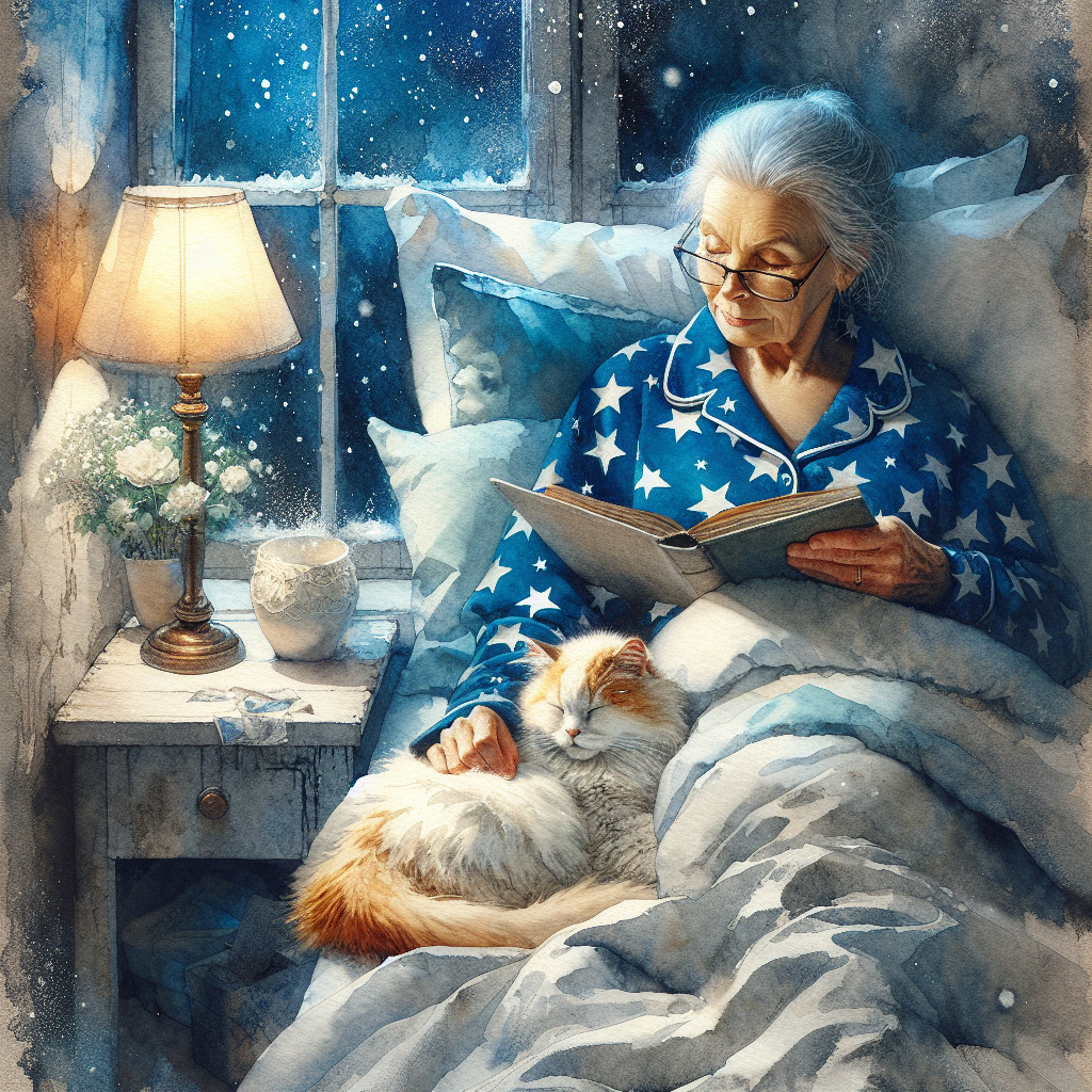Watercolor Painting of Elderly Woman Reading in Bed