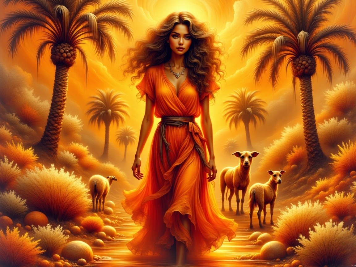 Woman in Orange Dress Amidst Lush Landscape and Sheep