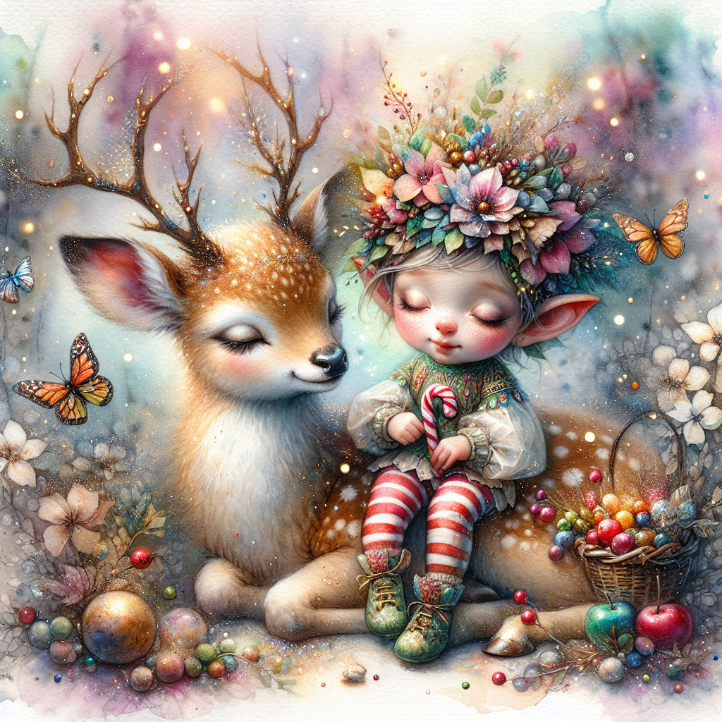 Whimsical Forest Scene with Fawn and Elf Child
