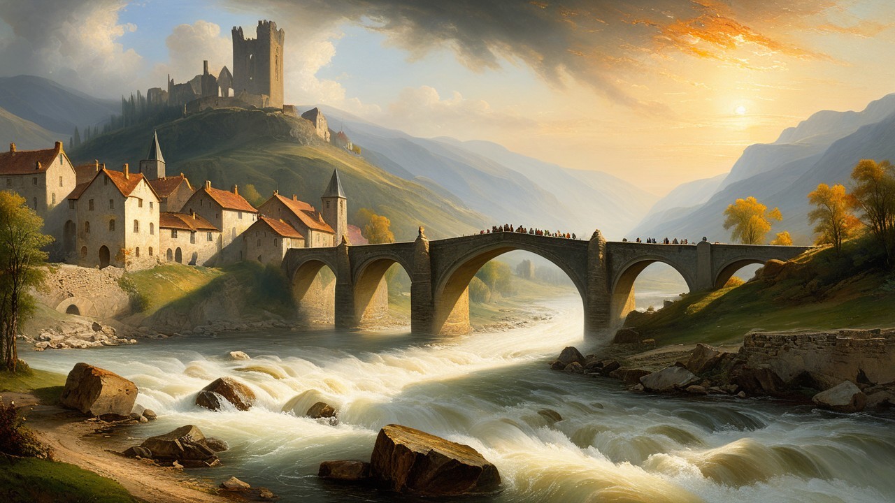Scenic Landscape with Bridge, River, and Castle