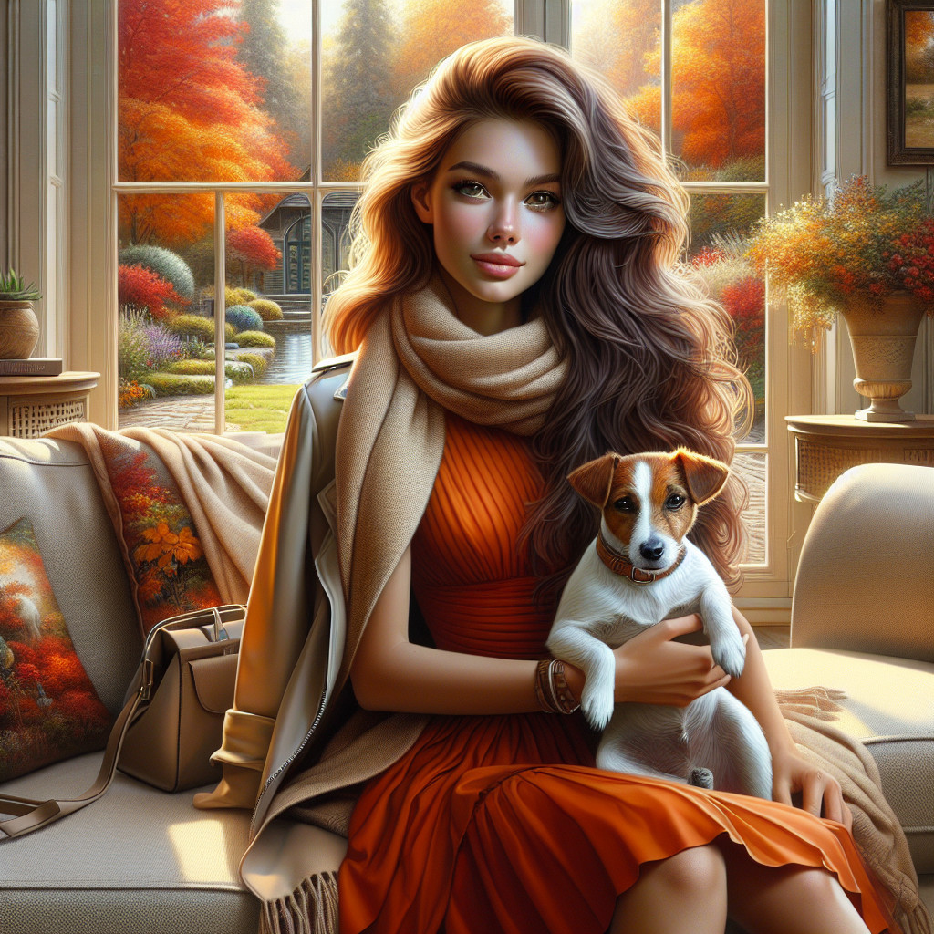 Young woman in orange dress with dog on couch