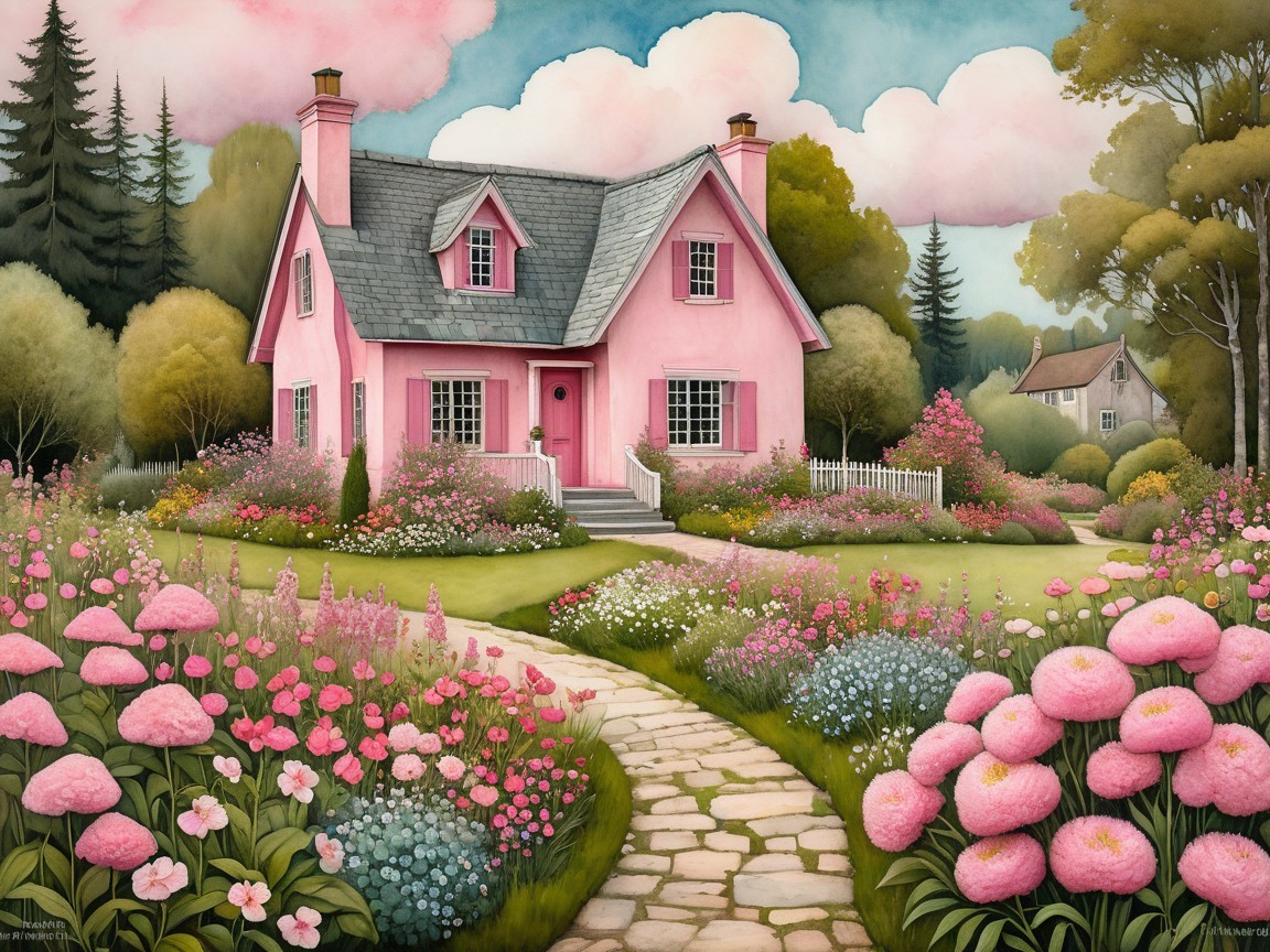 Charming Pink House Surrounded by Vibrant Gardens