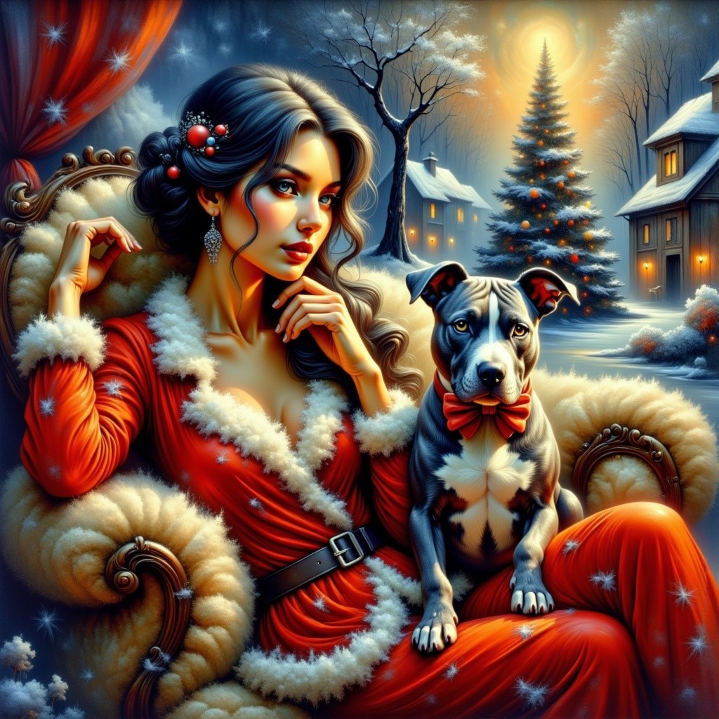 Christmas Scene with Woman, Dog, and Snowy Village