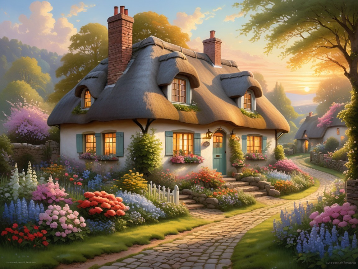 Thatched-Roof Cottage Surrounded by Blooming Gardens