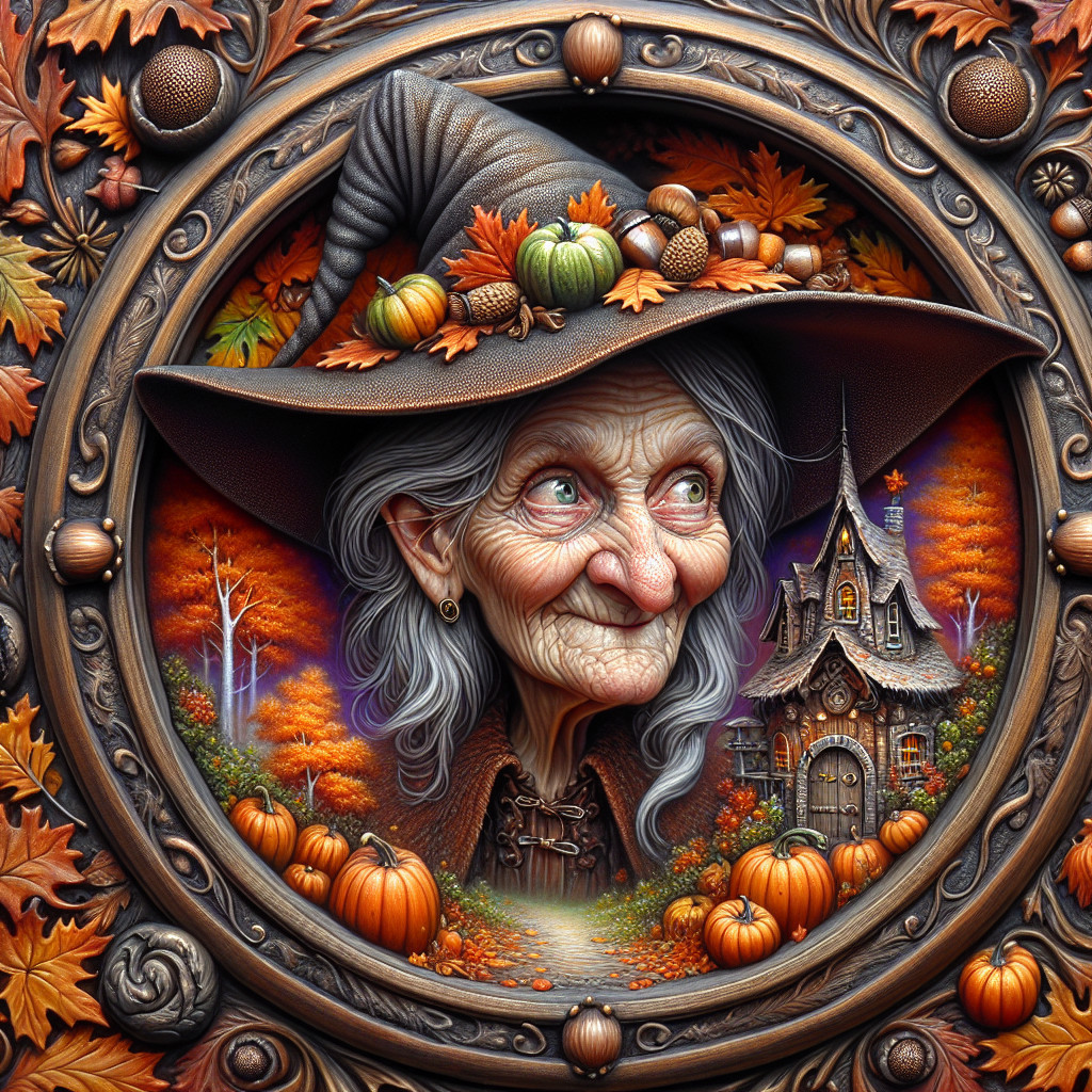 Whimsical Elderly Witch in Autumn Setting