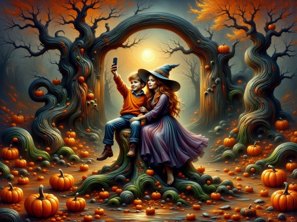 Whimsical Autumn Scene with Children and Pumpkins
