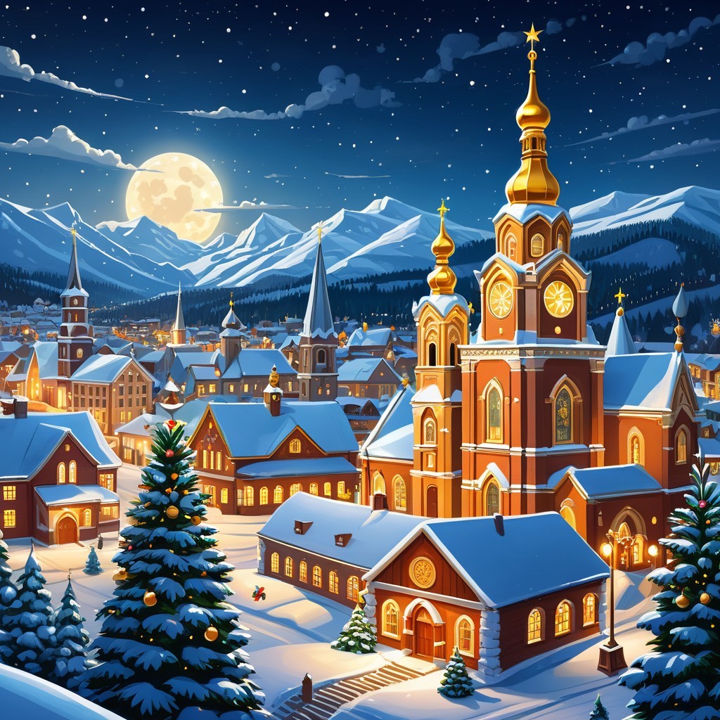 Winter Night Scene in a Quaint Village with Snow