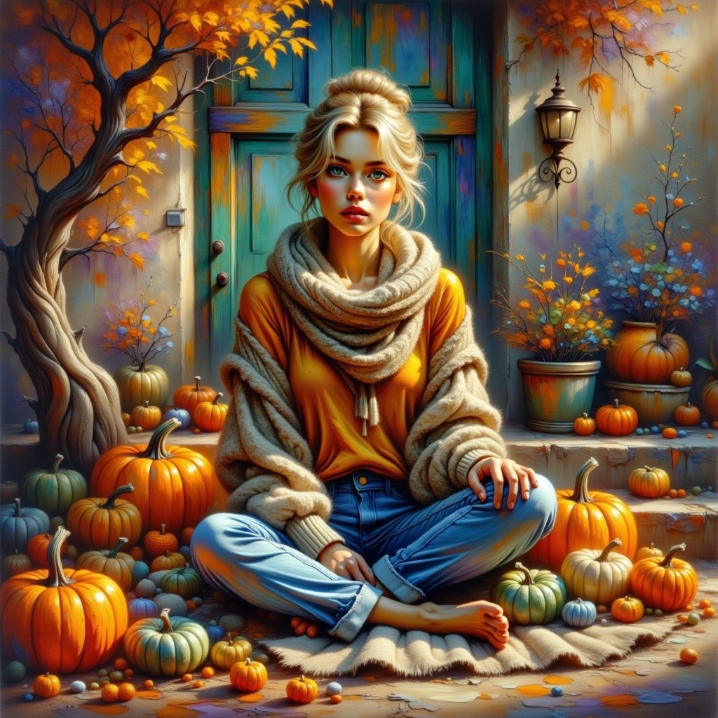 Cozy Autumn Scene with Pumpkins and Warm Foliage